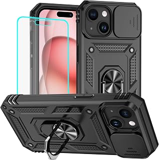 HNHYGETE for iPhone 15 Case with HD Screen Protector: [Military Grade 20ft. Drop Tested] Ring Shockproof Protective Phone Case for - iPhone 15 Black