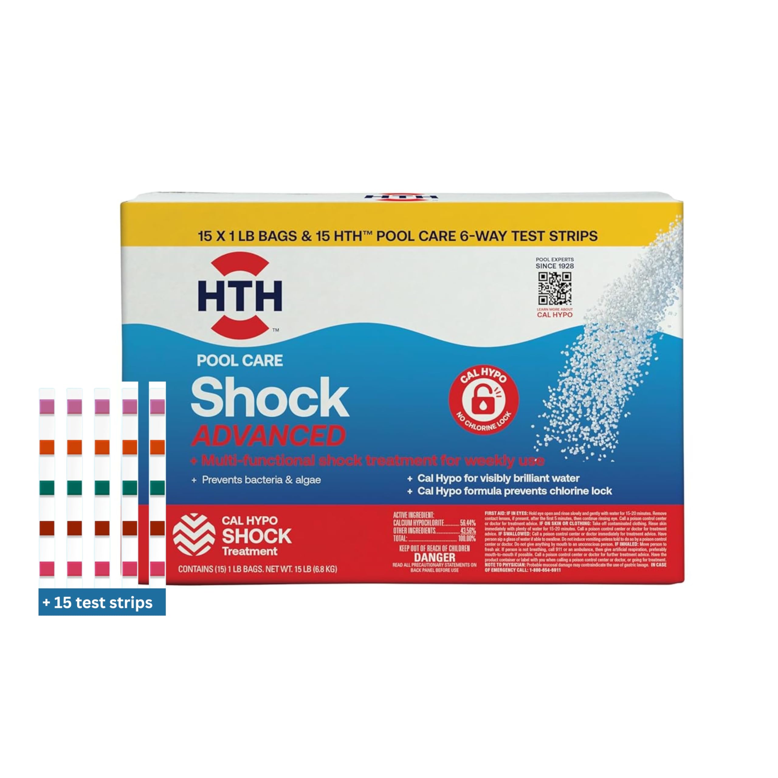HTH 52046, Pool Care Shock Advanced, 15 Pack | Cal Hypo Formula, Prevents Bacter