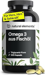 natural elements Omega 3 - 365 capsules - 2000 mg fish oil per daily dose - with EPA and DHA in triglyceride form - laboratory tested and elaborately cleaned