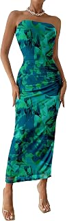 PRETTYGARDEN Summer Wedding Guest Dress for Women Strapless Maxi Bodycon Long Floral Mesh Beach Holiday Party Dress