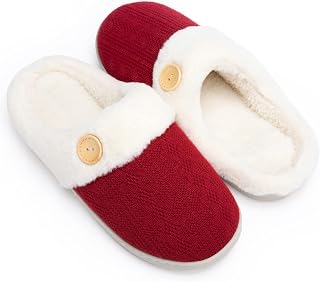 Chantomoo Women's House Slippers Comfortable Memory Foam Plush Bedroom Faux Fur Lined Knitted Warm Slippers Slip-On Lightweight Shoes Indoor Outdoor Non-Slip Rubber Sole Cosy