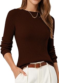 QUALFORT Ribbed Knit Women's Long Sleeve Fitted Sweater Crew Neck Pullover