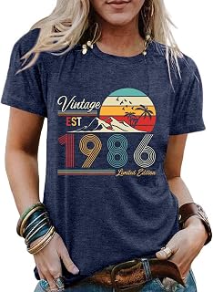 40th Birthday Shirts for Women Vintage 1986 Birthday Party Gift Tshirt Casual Short Sleeve 40 Bday Tee Top