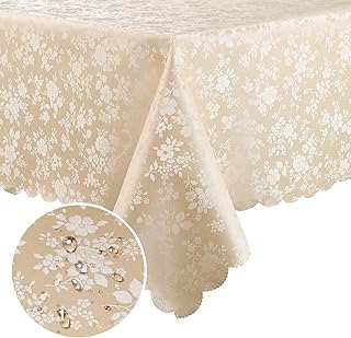 Smiry Rectangle Waterproof Heavy Duty Vinyl Tablecloths, 60 x 84 Inch | Wipeable Washable Floral Embossed Table Cover for Thanksgiving, Kitchen and Dining Room, Indoor & Outdoor Use, Beige