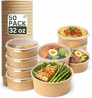 32oz 50Pack Kraft Paper Bowls with Lids, Disposable Meal Prep Containers
