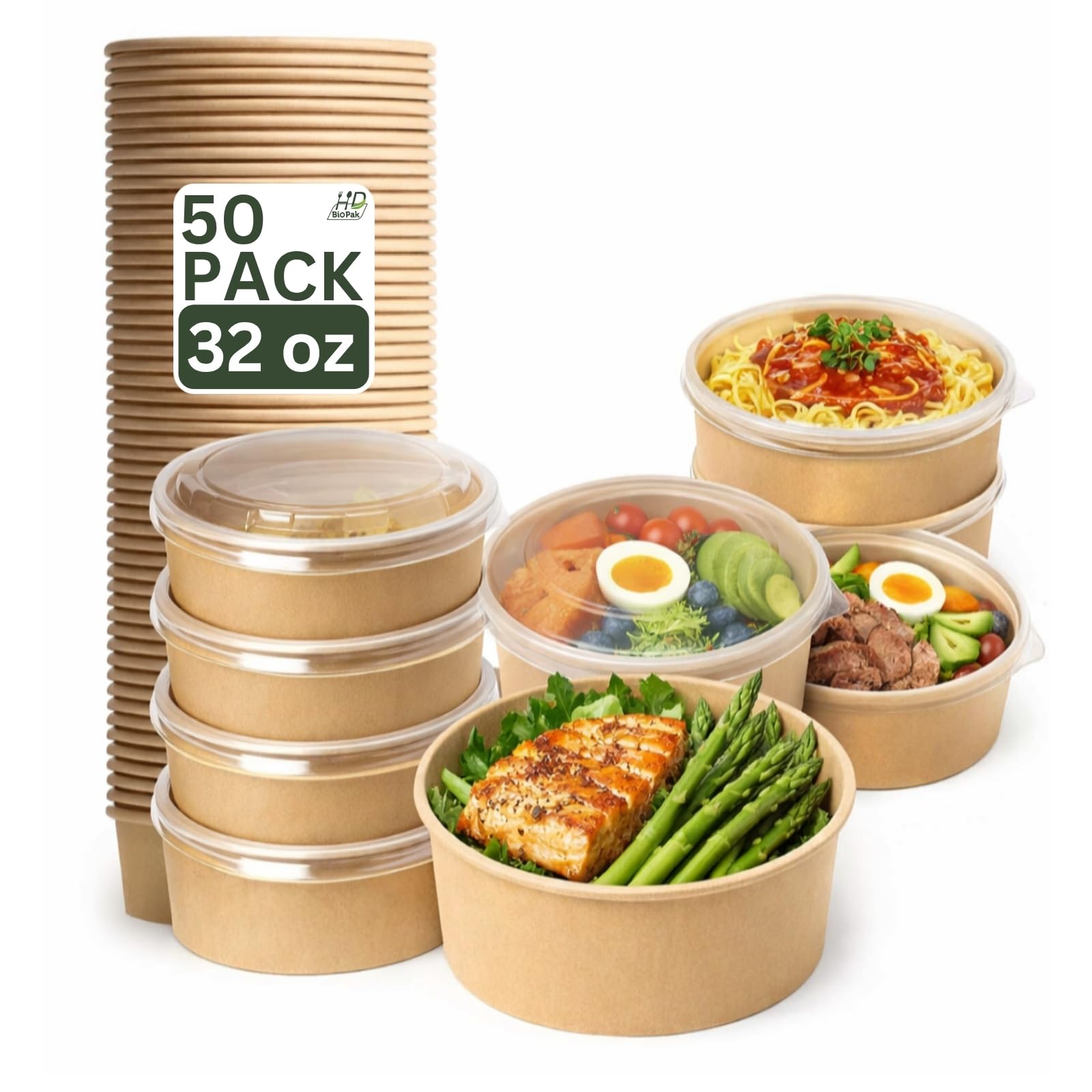 32oz 50Pack Kraft Paper Bowls with Lids, Disposable Meal Prep Containers