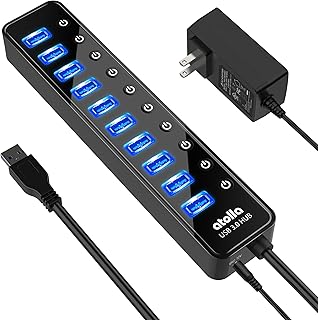 USB 3.0 Hub Powered atolla USB Hub 10 Port USB Hub Self Powered USB Hub 5Gbps High Speed Data Transmission USB3.0 Extension with Independent Switch and AC Adapter for Android/Windows/MacBook/Mac/Surface Pro and More Systems and Laptops