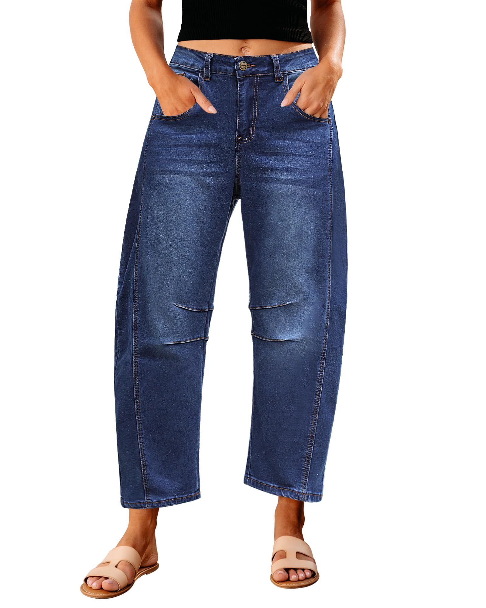 GRAPENT Barrel Jeans for Women High Waist Baggy Cropped Stretch Denim Pants