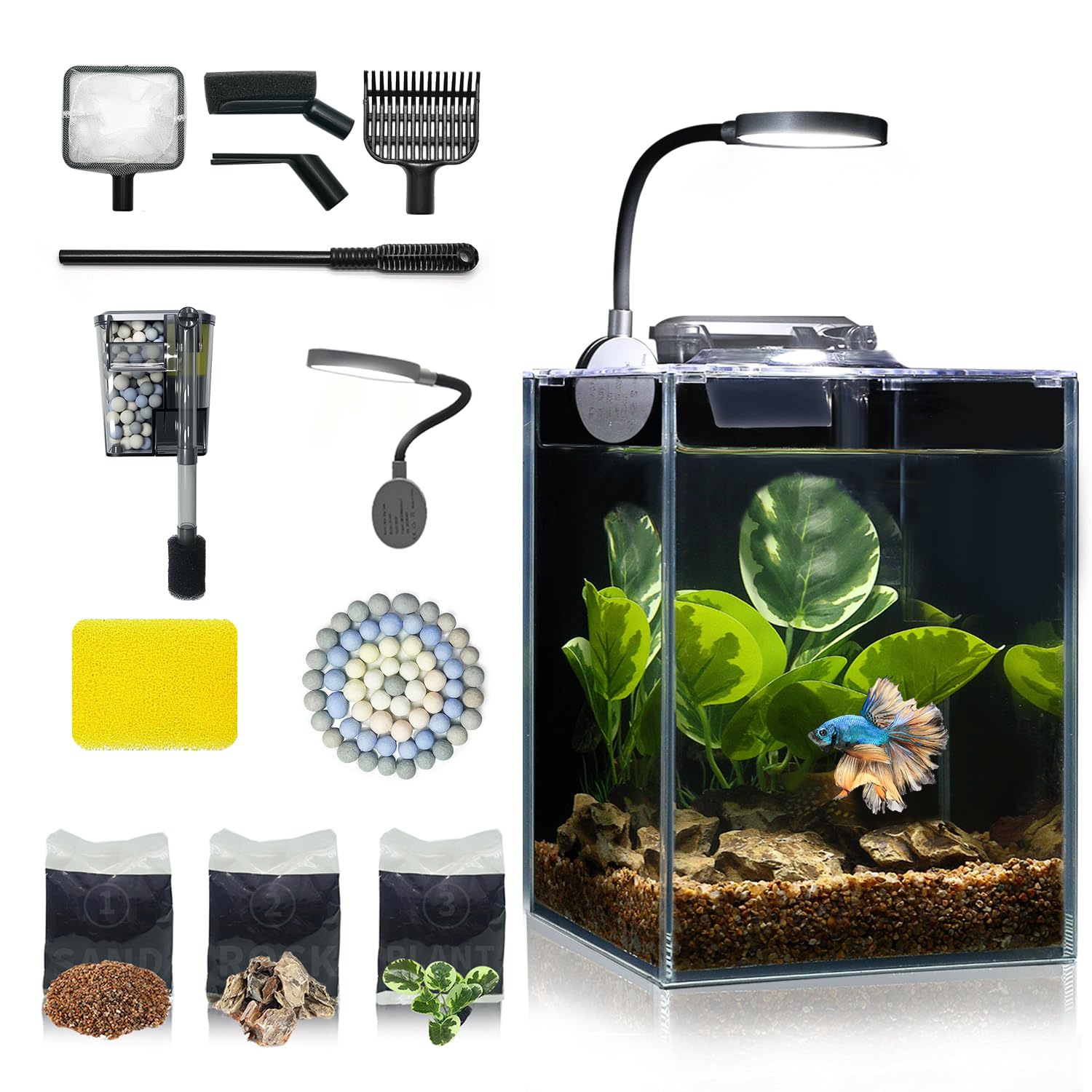 Desktop Betta Small Aquarium Glass Fish Tank 1.25 Gallons Complete Set, Self Cle