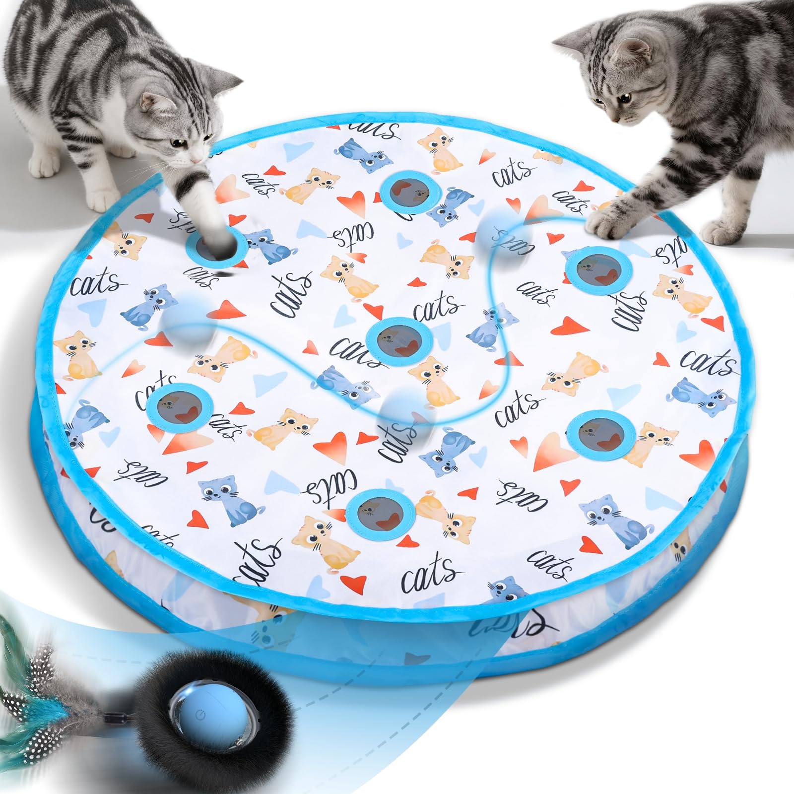 Interactive Cat Toy with Motion Activated Ball & 7-Hole Play Mat, Hide and Seek 