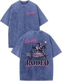 Bobeutou Western Shirts for Men Vintage Rodeo Cowboy Shirt Oversized Graphic Tees Country Concert Acid Wash T-Shirts Tops