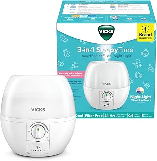 Vicks Humidifier 3-in-1 SleepyTime Cool Mist Humidifier for Nursery, White | Small humidifier with night light and diffuser, filter free, helps provide more comfortable sleep with low-noise operation