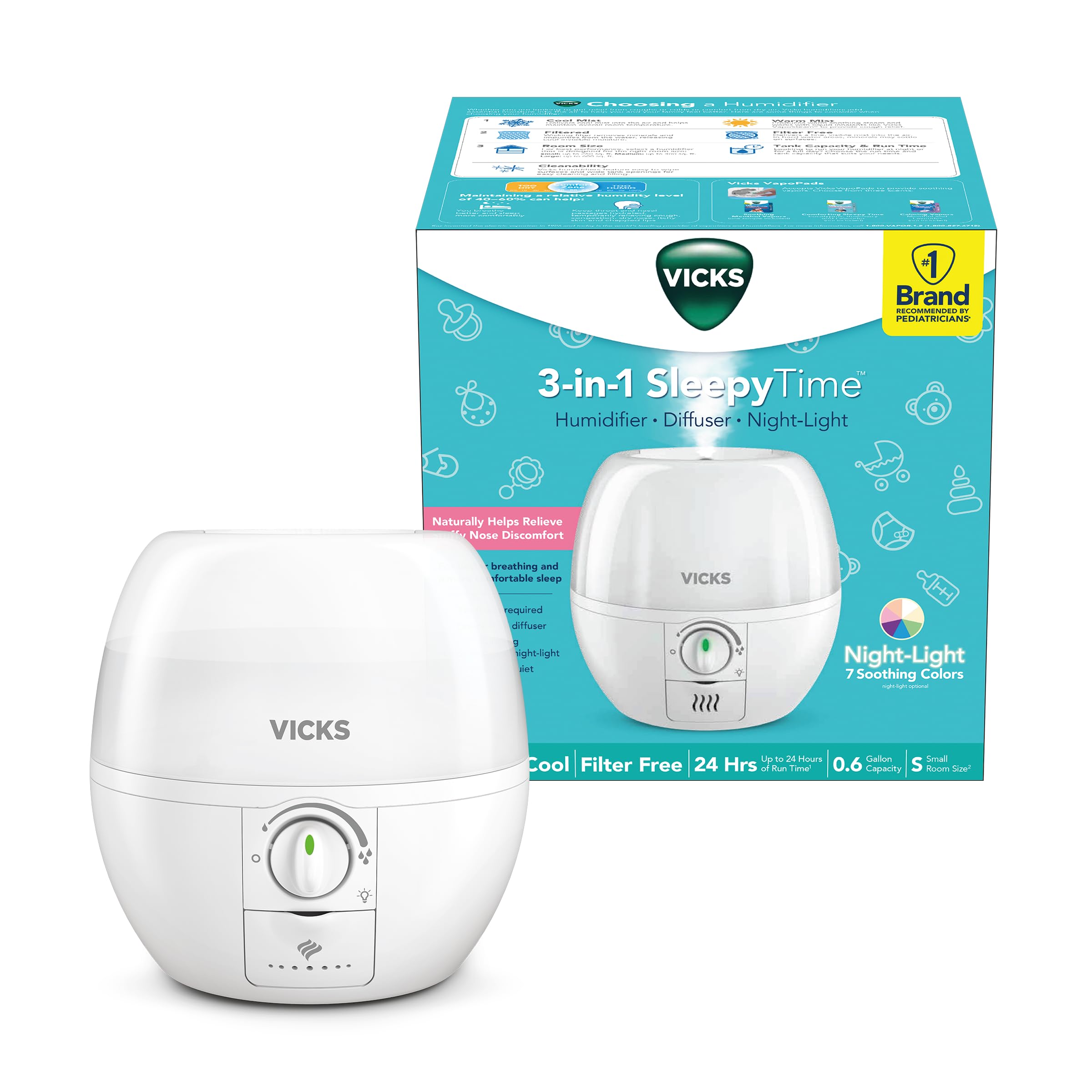 Vicks Humidifier 3-in-1 SleepyTime Cool Mist Humidifier for Nursery, White | Sma