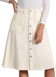 Allegra K - Denim skirts for women, raw hem, button down midi skirt