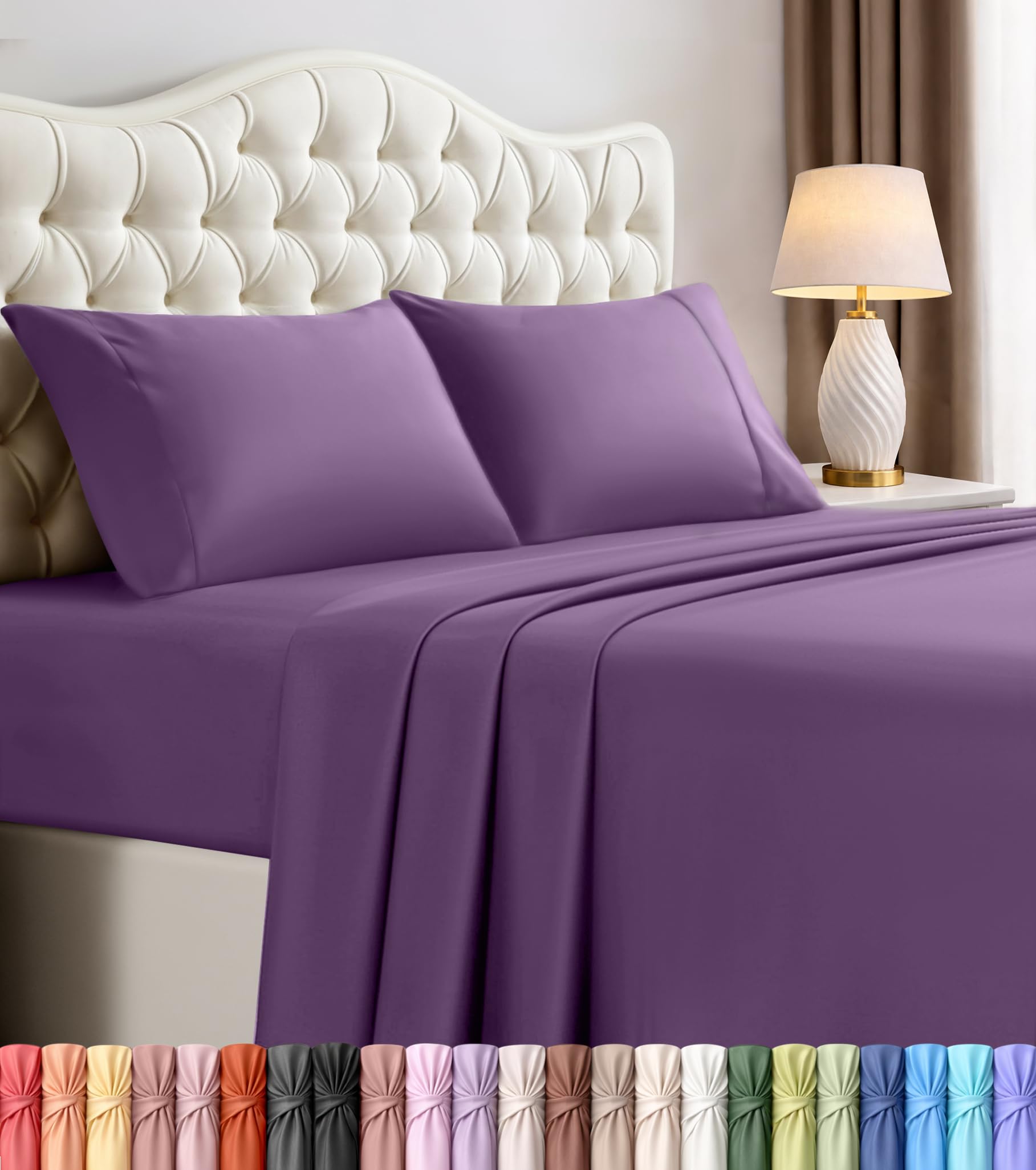 King Sheets Set, 4 Pieces 16" Deep Pocket Hotel Luxury Bedsheets, Egg Plant