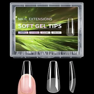 240pcs Fake Nail Tips - Clear Short Square Fake Nails - Half Matte Glue On Nail for Acrylic & Gel Extensions - DIY Manicure, French Nail Art, 12 Sizes
