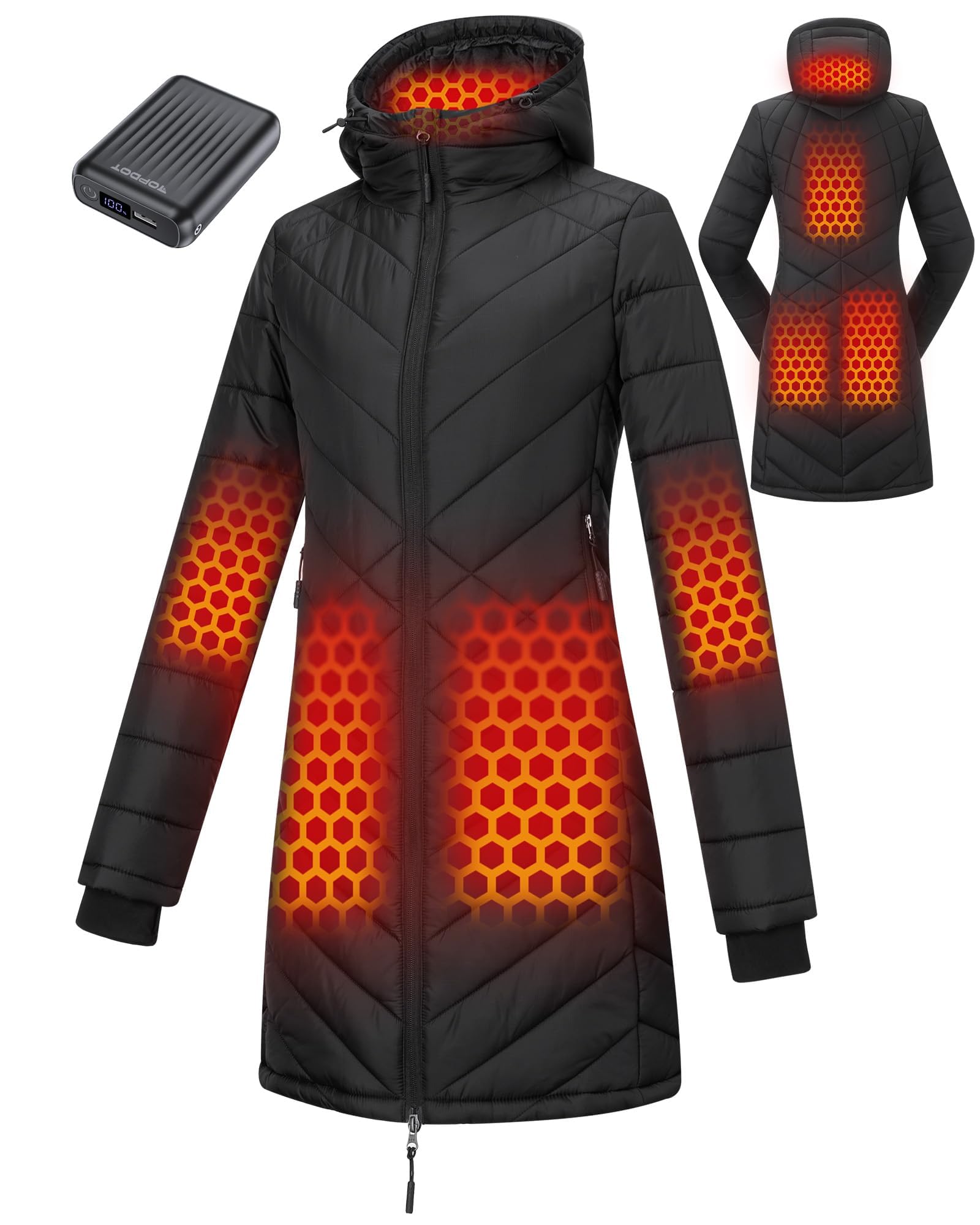 Topdot Graphene Long Heated Jackets for Women with 12V 18400mAh Battery Pack, 8 