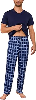 Bresdk Men's Pyjamas Winter Cotton Pyjamas Set Short Sleeve Tops with Long Plaid Pants Sleepwear with Pockets and Drawstring S-3XL