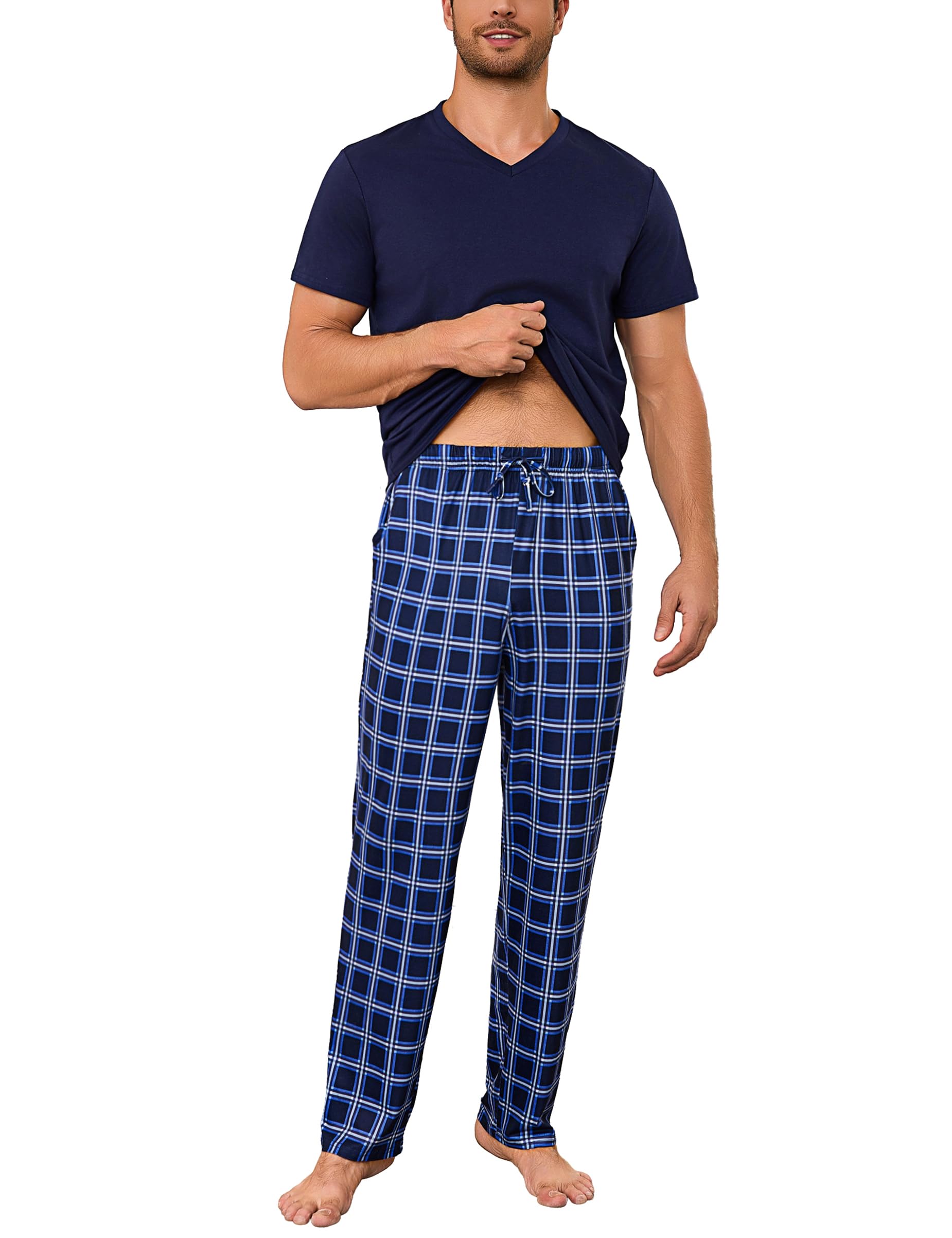 Bresdk Men's Pyjamas Winter Cotton Pyjamas Set Short Sleeve Tops with Long Plaid