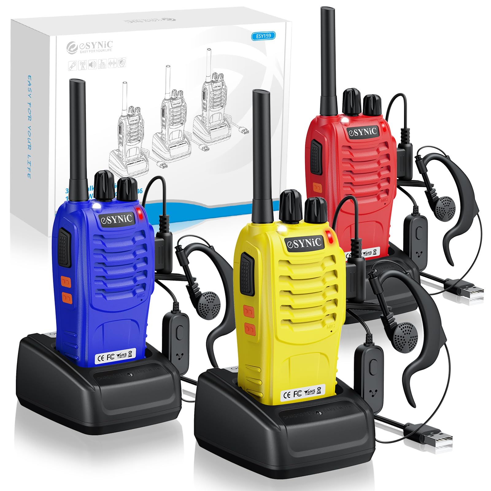eSynic 3 Pack Walkie Talkies PMR446 Camping Two Way Radio for Adults Kids | Rech