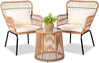 HOMEZILLIONS 3 Piece Outdoor Wicker Furniture Bistro Set, Rattan Chairs Conversation Sets Wicker Patio Furniture for Balcony Poolside Backyard