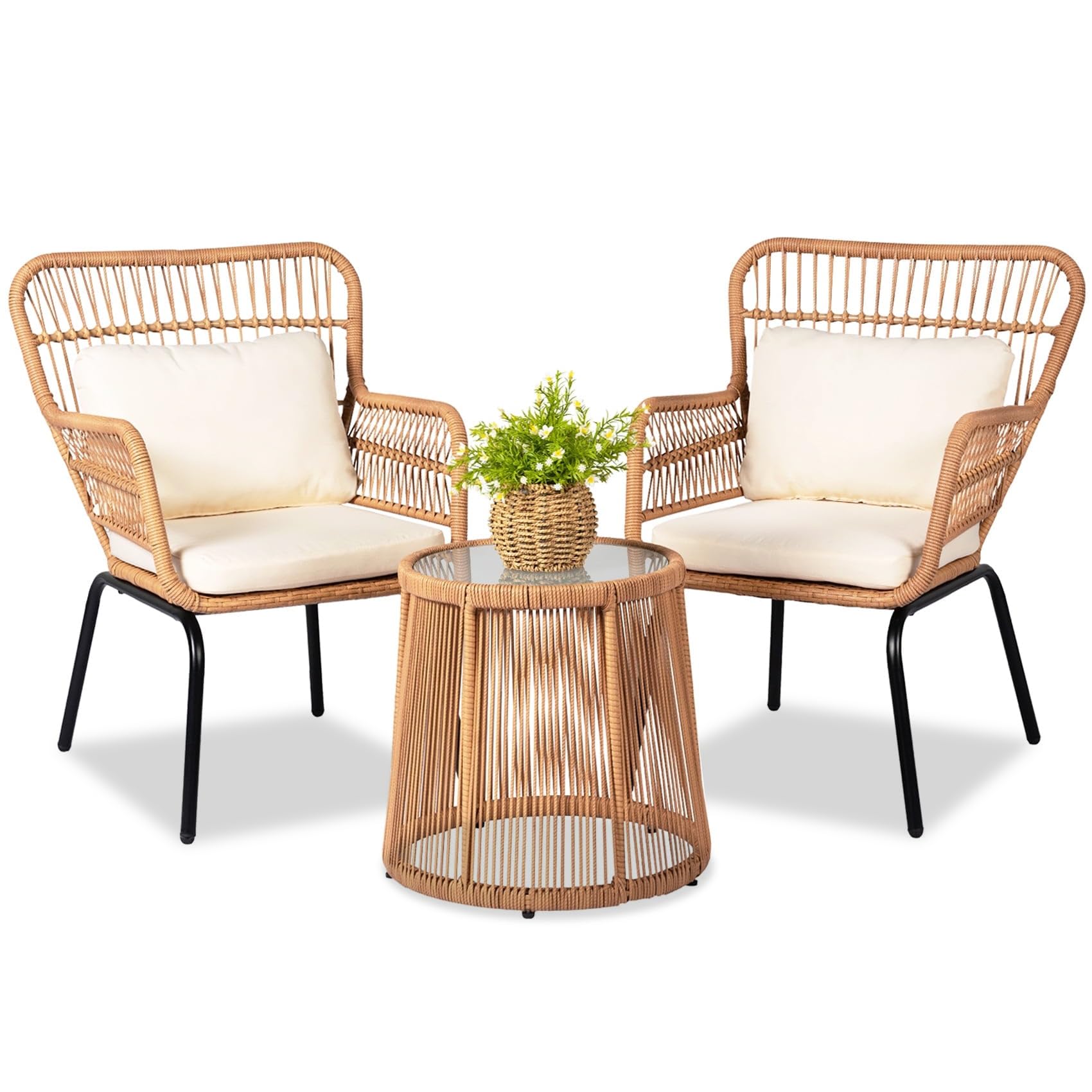 HOMEZILLIONS 3 Piece Outdoor Wicker Furniture Bistro Set, Rattan Chairs Conversa