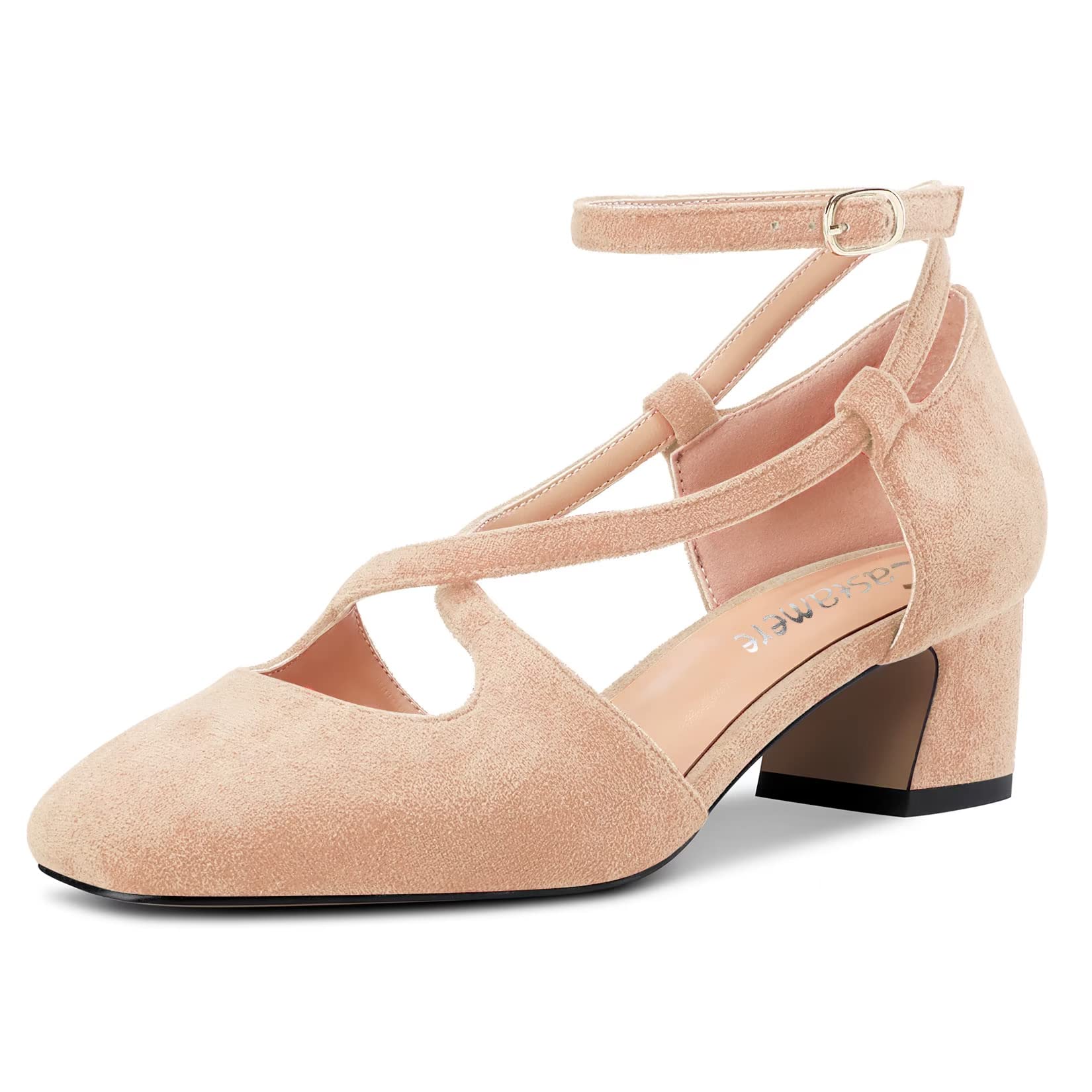 Castamere Women Medium Chunky Wide Heel Square Toe Cross Strap Pumps Party Cute 
