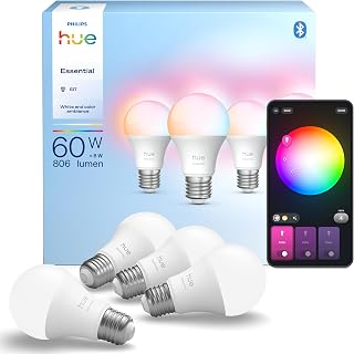 Philips Hue Essential A60 Smart LED Bulb, E27, 4 Pack | White and Color Ambiance Light, Smart LED, 8W, 2200K-6500K, 806 Lumens, Dimmable, B22 Bulb, Bluetooth App Control, Smart Home