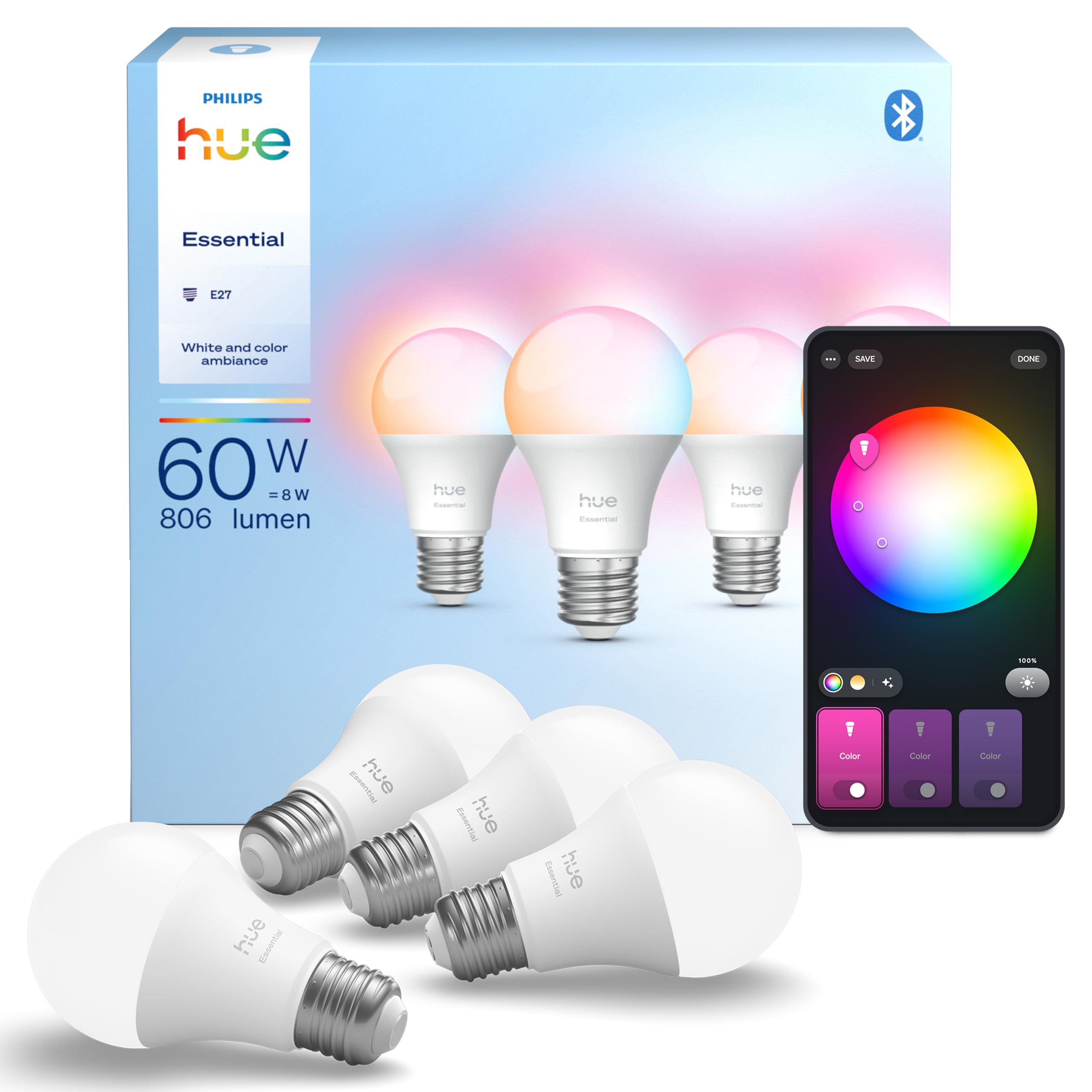 Philips Hue Essential A60 Smart LED Bulb, E27, 4 Pack | White and Color Ambiance