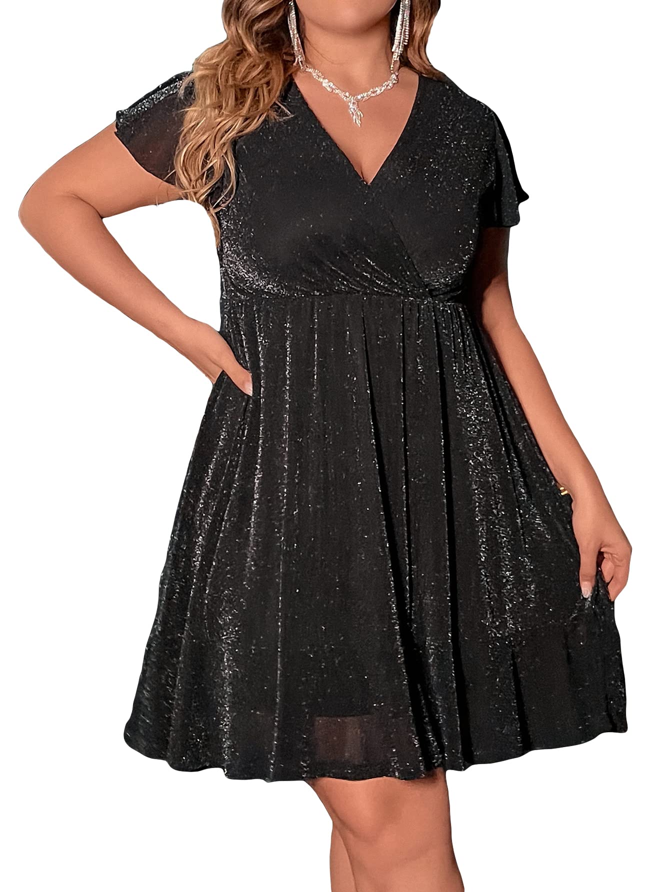 Floerns Women's Plus Size Glitter Wrap V Neck Short Sleeve Party A Line Dress