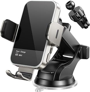 Car Phone Holder Wireless Charger,【7 Colored RGB Backlit】MOSURR 15W Auto Clamping Wireless Car Charger Mount for iPhone 16 15 14 Mini Pro Max, Samsung Galaxy S26 Ultra S25 S24+, etc - Silver
