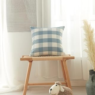 18x18 Inch Square Decorative Boho Soft Dusty Blue Plaid Throw Pillow Cover for Living Room Sofa Bed Home Decor Pack of 1
