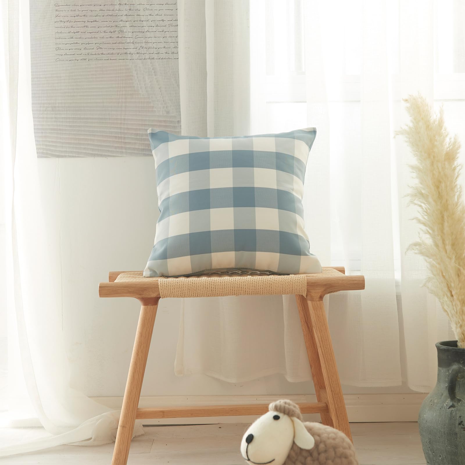 18x18 Inch Square Decorative Boho Soft Dusty Blue Plaid Throw Pillow Cover for L
