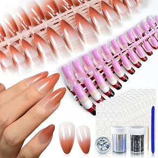 240pcs 10 Pack Push Nails, Mixed Color Glossy Red Purple False Nails Salon Pre-Designed Orange Gradient French Nail Art Tips, Daily Nail Gifts for Women Girls with Adhesive Tab