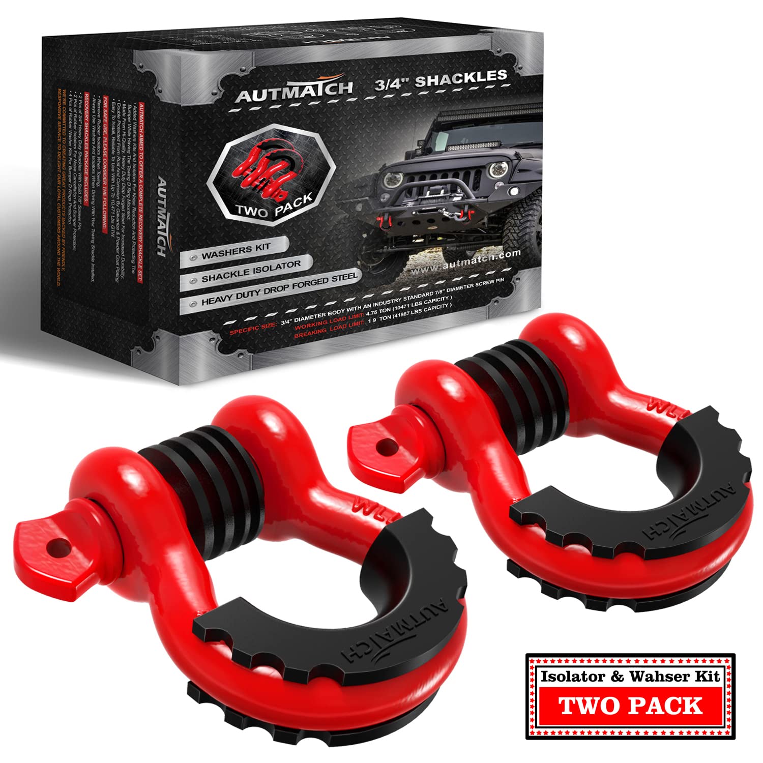 AUTMATCH 3/4" D Ring Shackles (2-Pack) - 41,887 lbs Break Strength | Heavy Duty 