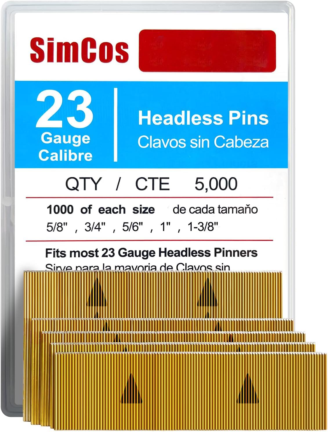 SimCos 23 Gauge Headless Pin Nails 5/8",3/4",5/6",1",1-3/8", 5000-Pack | For All