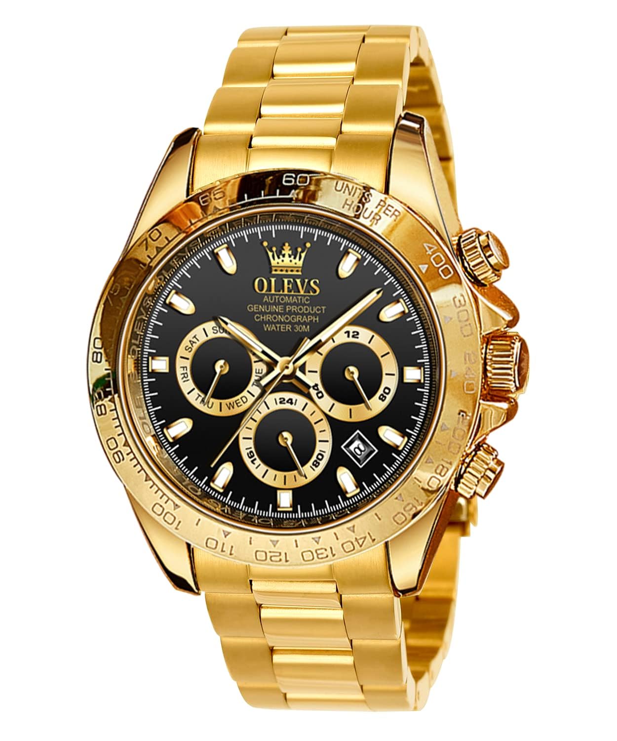 OLEVS Mens Calendar Metal Stainless Steel Quartz Analog Waterproof Luminous Wris