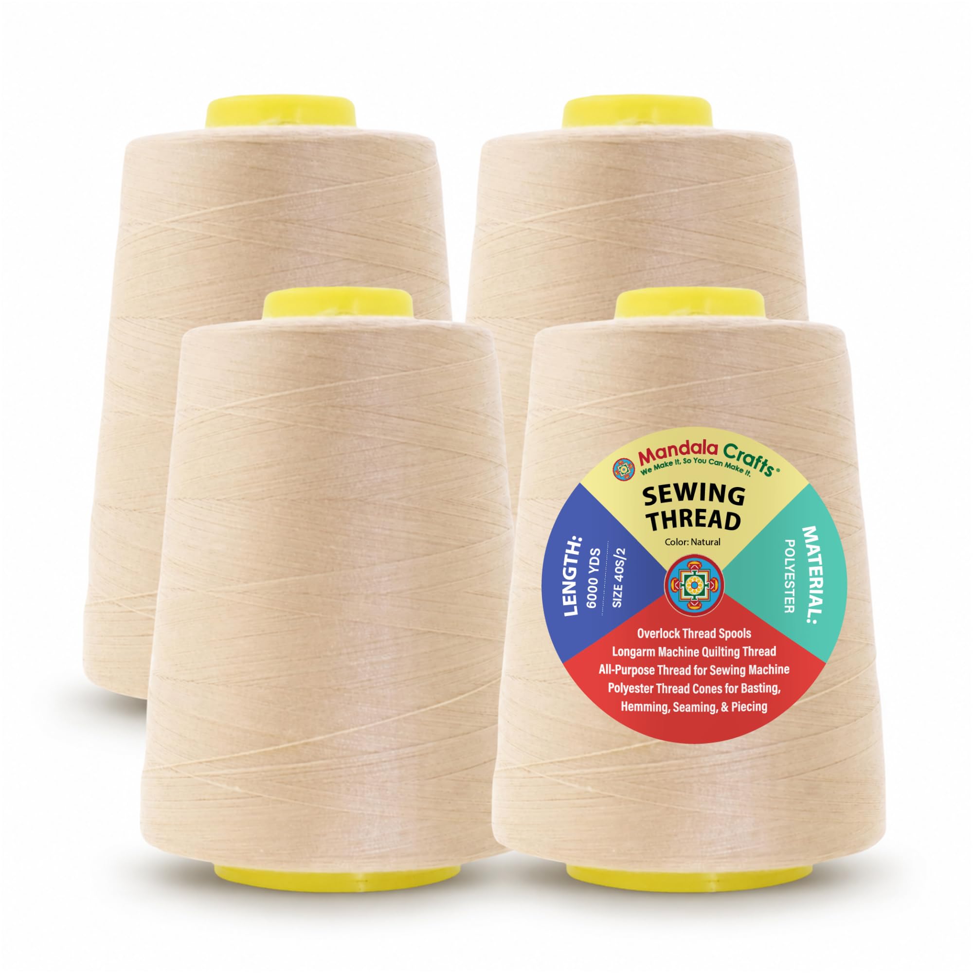 Mandala Crafts 40S/2 Natural Polyester 4 Pack of Serger Threads Cones | 24000 YD
