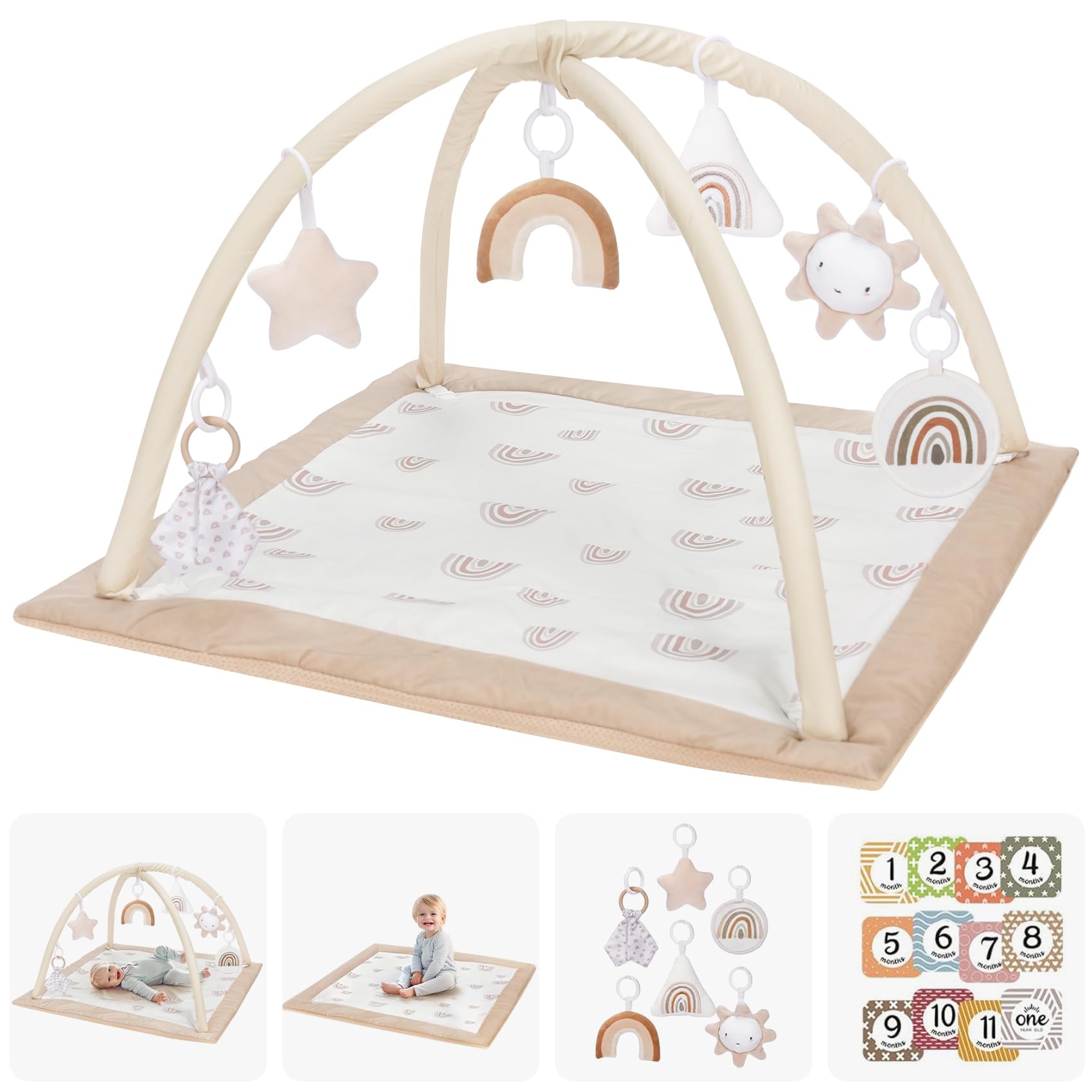Mallify Washable Tummy Time Mat, Baby Play Gym with 6 Featured Toys and 12 Miles