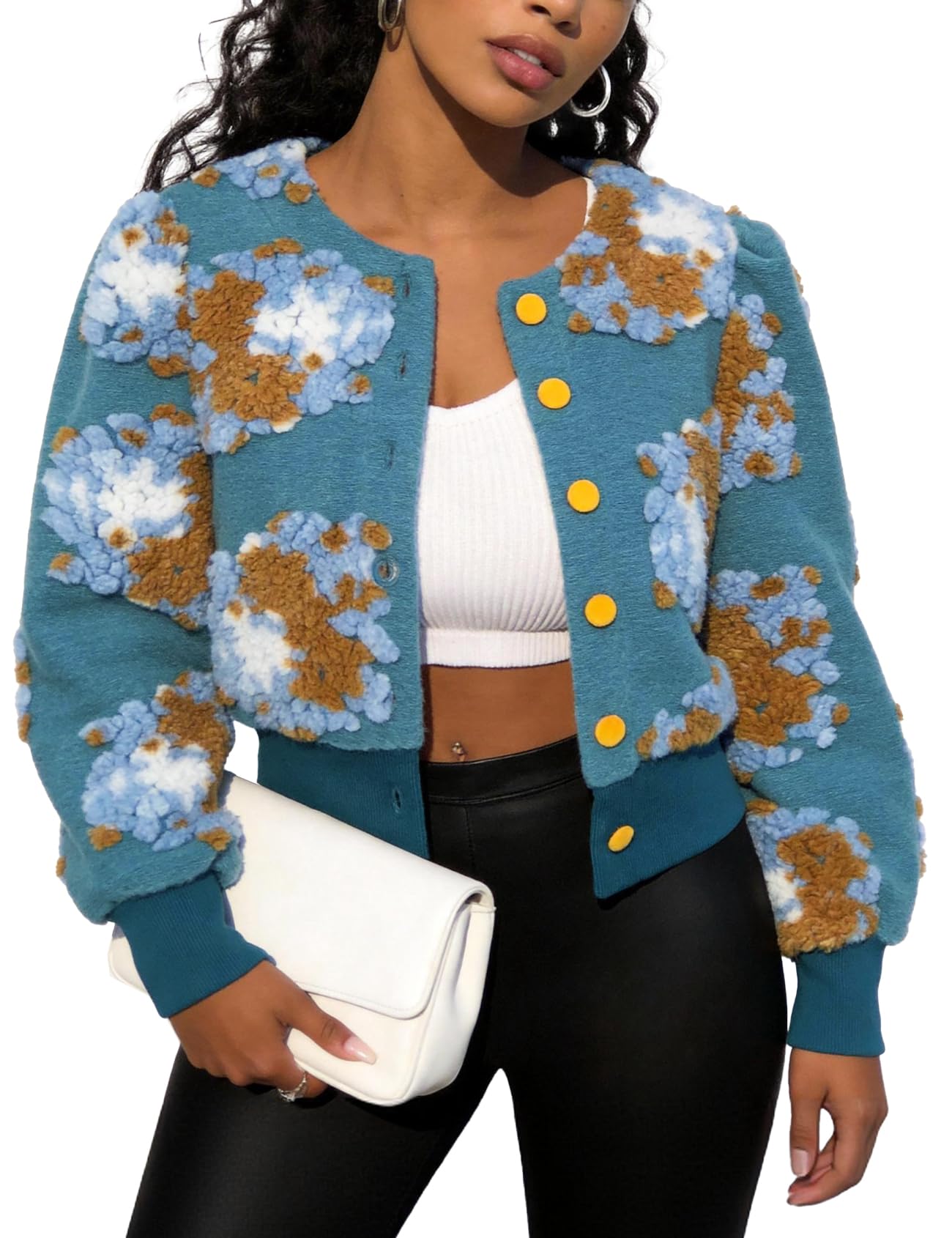 Flygo Womens Floral Print Cropped Bomber Jacket Warm Fleece Button Down Puff-Sle