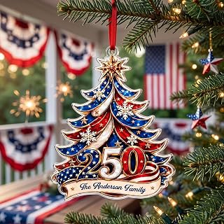 Personalized 250 Anniversary Christmas Ornament 1776-2026, Family Name USA Flag Acrylic Christmas Tree Decor, Patriotic Keepsake Gift