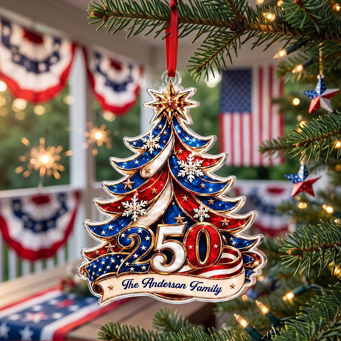 Personalized 250 Anniversary Christmas Ornament 1776-2026, Family Name USA Flag 