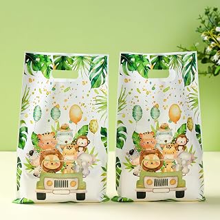 Jungle Theme Gift Bags, Animals Happy Birthday Party Decoration Tote Bags, Birthday Wedding Gift Wrapping Bags, Green Forest Party Supplies 50pcs