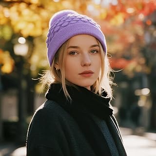 Ladies Winter Knitted Beanie Hat with Pom Poms - Warm Scales Pattern Hat with Blurred Top