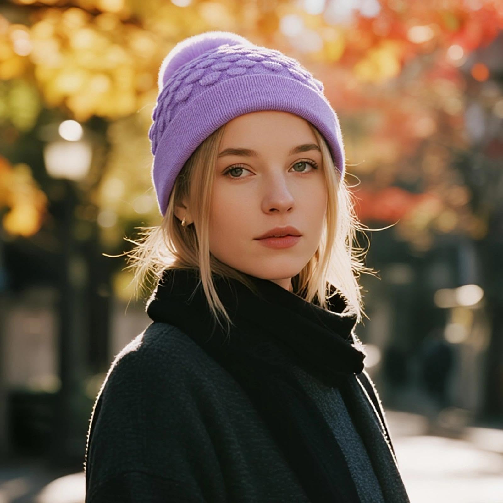 Ladies Winter Knitted Beanie Hat with Pom Poms - Warm Scales Pattern Hat with Bl