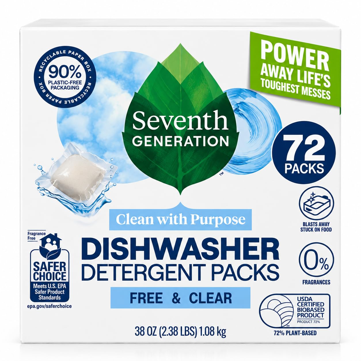 Seventh Generation Free & Clear Dishwasher Detergent Packs, 72 Count | Powers aw