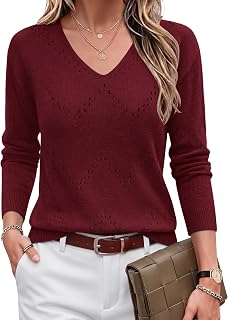 Zeagoo Women's Elegant Knitted Sweater V Neck Fall Crochet Sweater Long Sleeve Fashion Plain Casual Sweater Sizes S-XXL