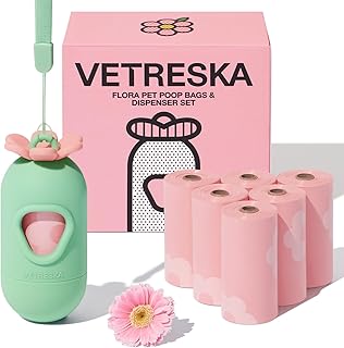 VETRESKA Pet Poop Disposal Bags, No Odor Poop Bags, Flora Scent, 105 Pieces Included, Bag Case, Refill Roll, Biodegradable, Extra Thick Trash Bags, Leak Proof, Dog Poop Bags, Odor Resistant, Cat Toilet, Manor Bags, Garbage Bags, For Cars, Dogs, Cat Litter Scented