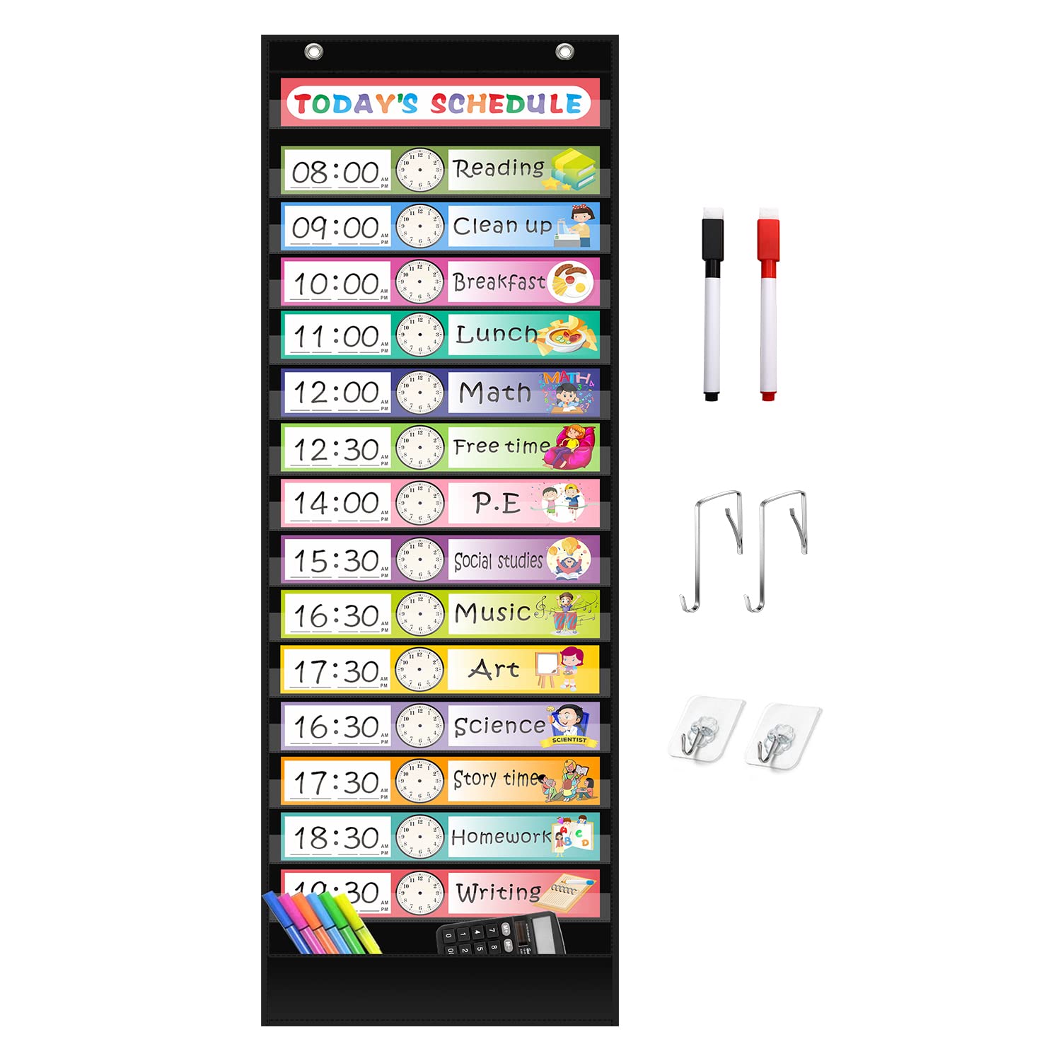 REGELETO 15+1 Pockets Daily Schedule Pocket Chart with 30 Pcs Double-Sided Reusa
