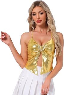 Allegra K Women's Metallic Sleeveless Spaghetti Strap Halter Clubwear Cami Top